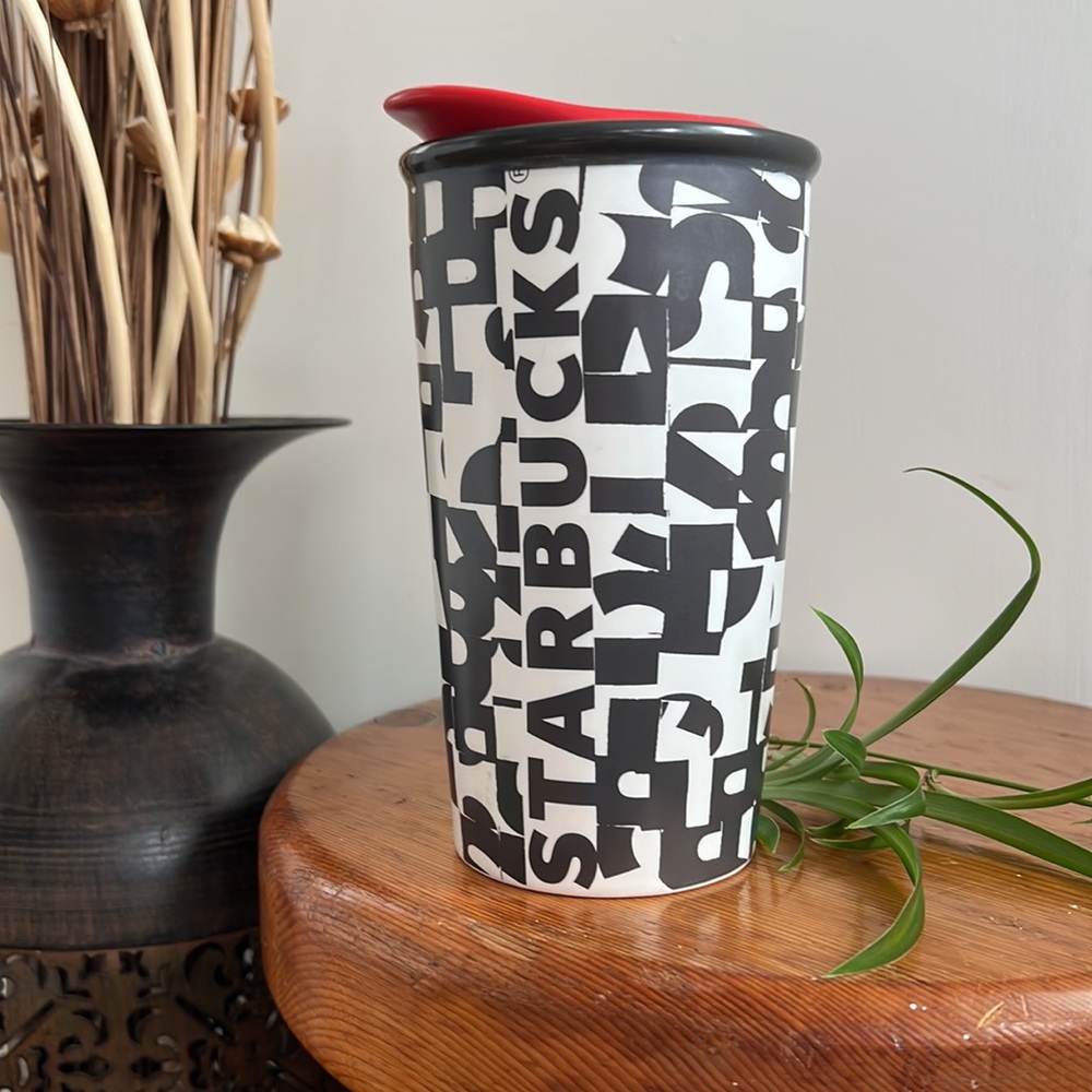 🆕 STARBUCKS ceramic coffee tumbler - travel mug - black and white - like NEW - Picture 4 of 4